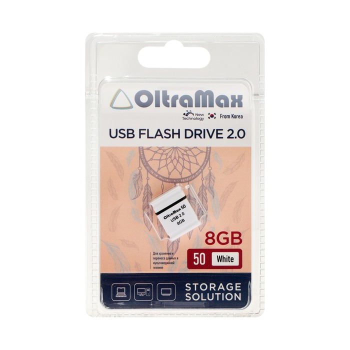 Флешка OltraMax 50, 8 Гб, USB2.0, чт до 15 Мб/с, зап до 8 Мб/с, белая - фото 51307220