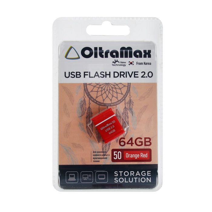 Флешка OltraMax 50, 64 Гб, USB2.0, чт до 15 Мб/с, зап до 8 Мб/с, оранжевая - фото 51544181