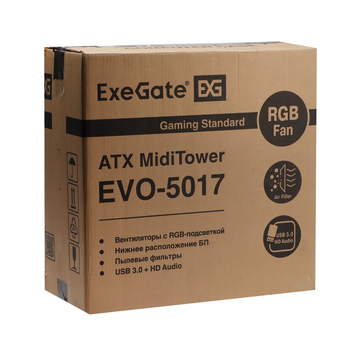 Корпус ExeGate Miditower EVO-5017, без БП, ATX, 1хUSB 2.0, 1хUSB 3.0, подсветка, чёрный - фото 51307452