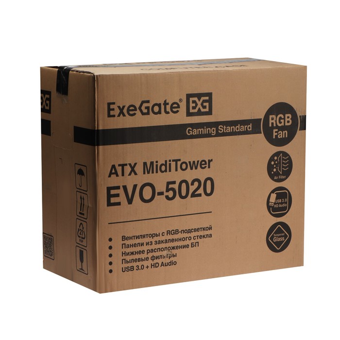 Корпус ExeGate Miditower EVO-5020, без БП, ATX, 2хUSB 2.0, 1хUSB 3.0, подсветка, чёрный - фото 51307461