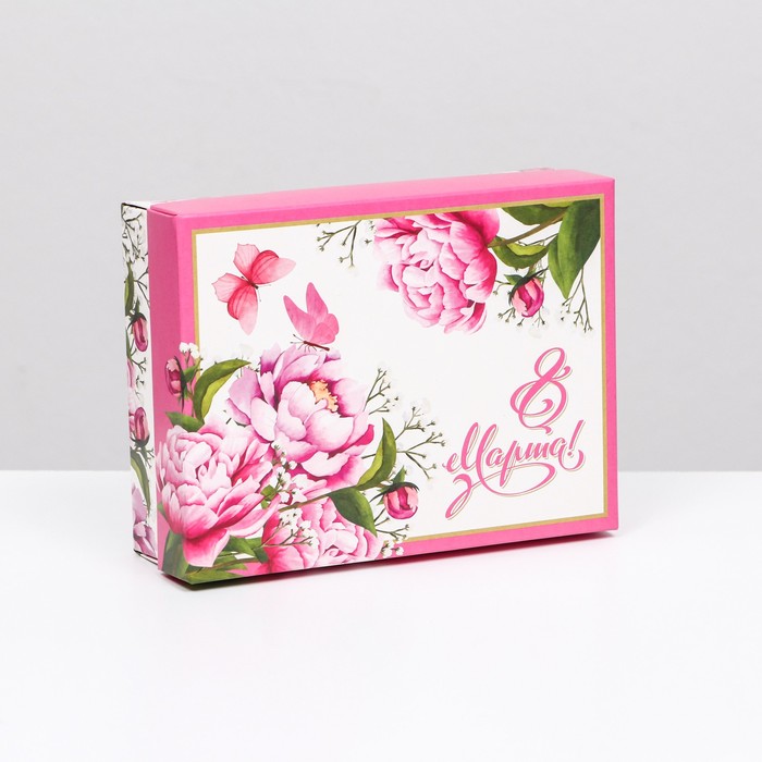 Подарочная коробка &quot;8 марта, пионы&quot;, розовая, 16,5 х 12,5 х 5,2 см