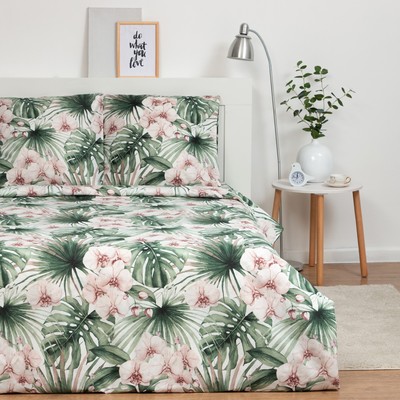 Постельное бельё Экономь и Я 1,5 сп "Тропики" 147х215 см,150х215 см,70х70 см-2 шт, полисатин, 80 г/м²