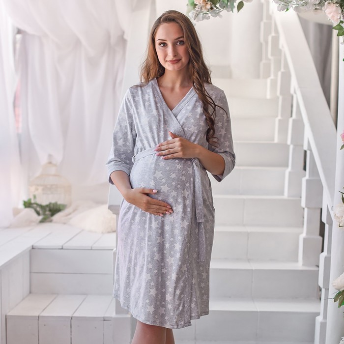 Комплект женский (сорочка/халат) для беременных, цвет светло-серый, размер 48
