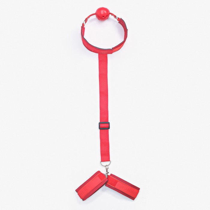 Кляп с наручниками, регулируемые ремни, неопрен, стропа, PVC красный - Фото 1