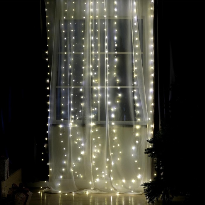 УЦЕНКА Гирлянда «Занавес» 2.8×3 м, на крючках, IP20, 300 LED, USB, 8 режимов, серебристая нить, свечение тёплое белое - Фото 1