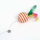 Дразнилка-удочка с плетёным шариком и цветными перьями на деревянной ручке, оранжевый - фото 9147099