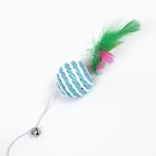 Дразнилка-удочка с плетёным шариком и цветными перьями на деревянной ручке, голубой - фото 9147102