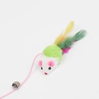 Дразнилка-удочка "Цветная мышка", 32 см, белая/зелёная мышь на розовой  ручке - фото 7799238