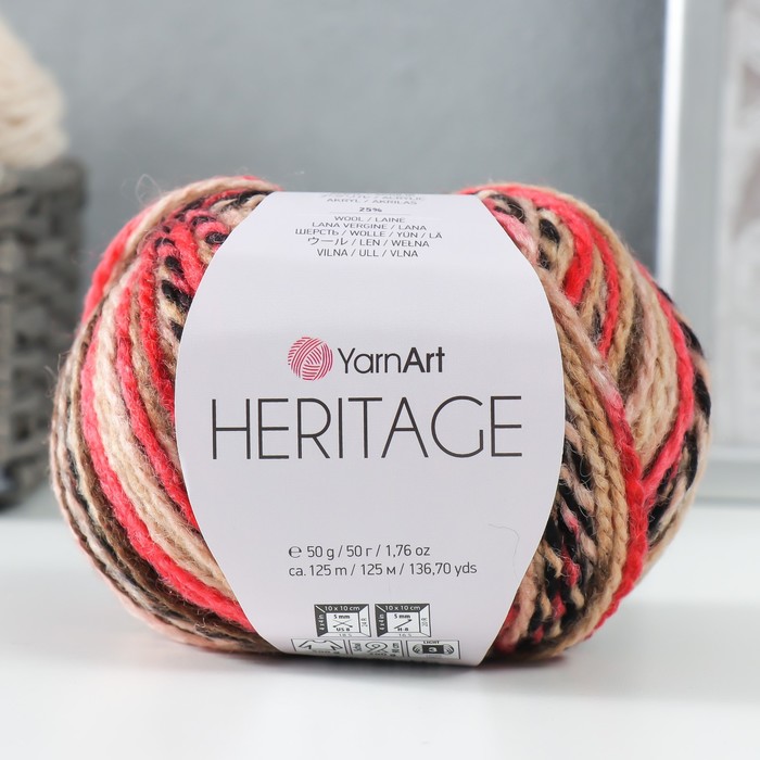 Пряжа для вязания спицами, крючком YarnArt, Heritage, 75% акрил, 25% шерсть, 125 м/50 г, (338 алый, чёрный, бежевый) - Фото 1