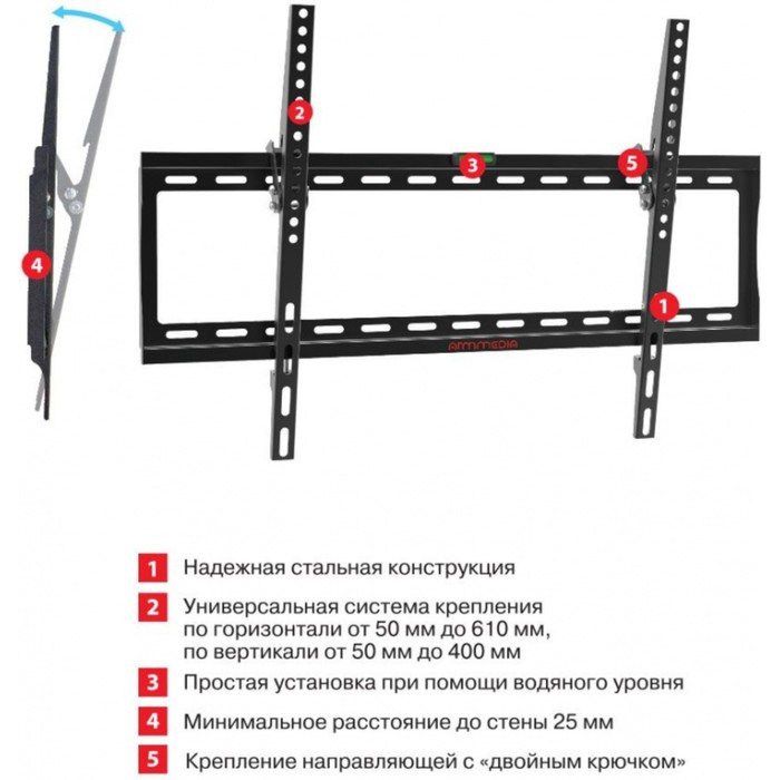 Кронштейн для телевизора Arm Media STEEL-2, до 40 кг, 32-90", настенный, наклон, чёрный - фото 51434939