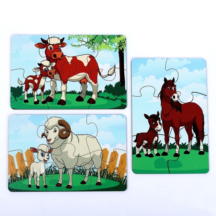 Набор пазлов «Домашние животные и малыши», 3 пазла, 6 деталей 59396