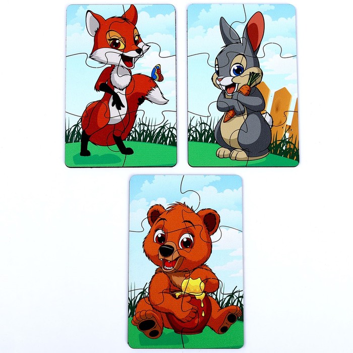 Набор пазлов «Лесные звери», 3 пазла, 6 деталей 59398