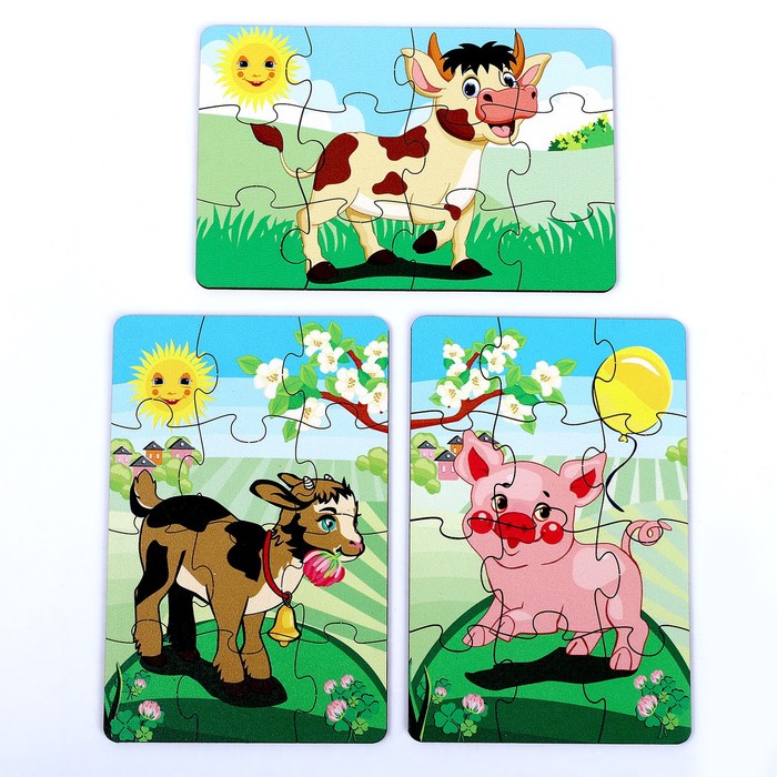 Набор пазлов «Домашние животные и их малыши», 3 пазла, 12 деталей 59401