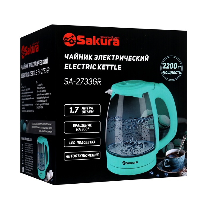 Чайник электрический Sakura SA-2733GR, стекло, 1.7 л, 2200 Вт, зелёный - фото 51574459