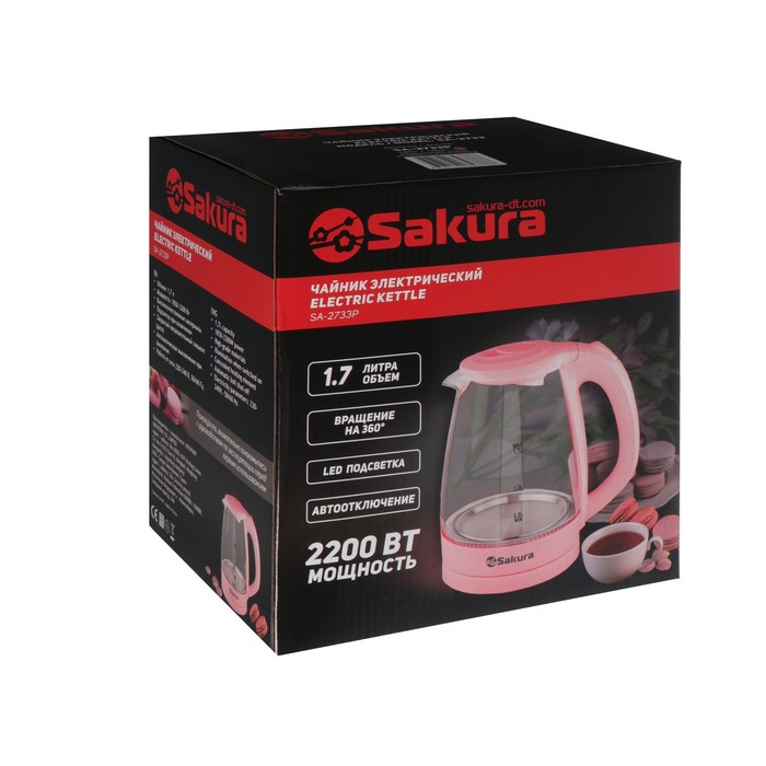 Чайник электрический Sakura SA-2733BG, стекло, 1.7 л, 2200 Вт, розовый - фото 51343131