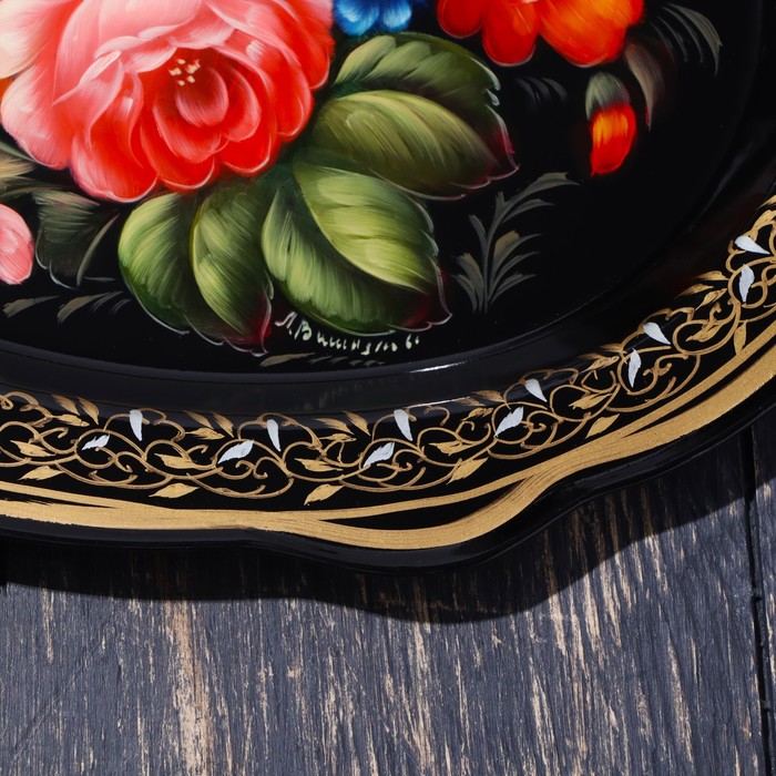 Поднос жостовский "Цветы", черный, с авторской росписью, 30х23 см - фото 1887004053