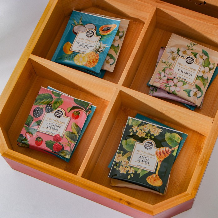 Ящик для хранения чайных пакетиков Доляна «Цветочный», 4 отделения, 24,5×24,5×5,3 см, бамбук - фото 1914150264
