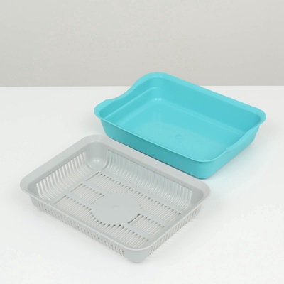 Туалет для кошек, 34.5×25.5×7.5 с, с сеткой, пластик, серый, бирюзовый