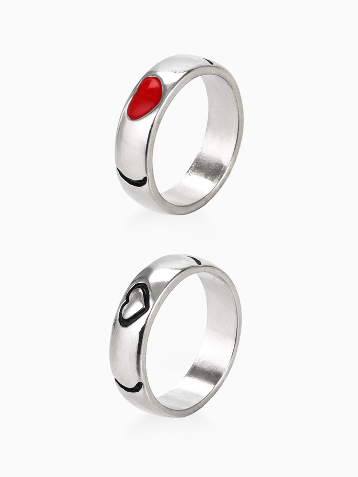 Кольца парные «Сердца», 2 шт. чёрно-красное в серебре, размер 17 - Фото 1