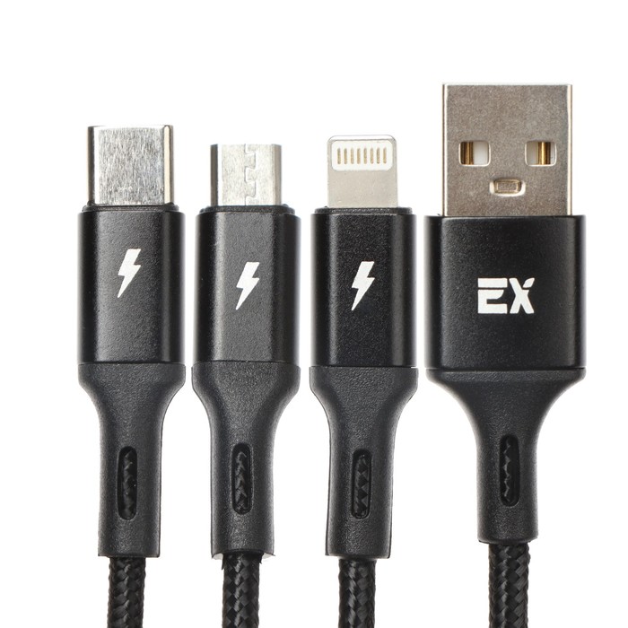 Кабель 3 в 1 Exployd EX-K-1417, USB - microUSB/Lightning/Type-C, 2.4 А, 1.2м, нейлон, черный - фото 51458998