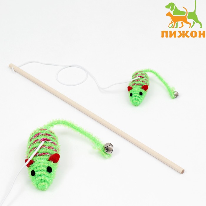 Дразнилка-удочка с блестящей мышью на деревянной ручке, зелёная - Фото 1