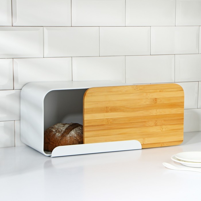 Хлебница Magistro Softal, металл, бамбуковая крышка, 35×21×21.5 см, белая - Фото 1