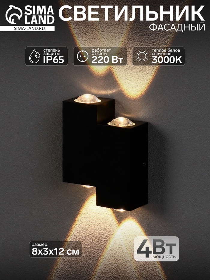 Светильник фасадный «Луч», 4 Вт, 3000К, 2 луча, IP65, 220 В, металлический корпус, чёрный, свечение тёплое белое - Фото 1