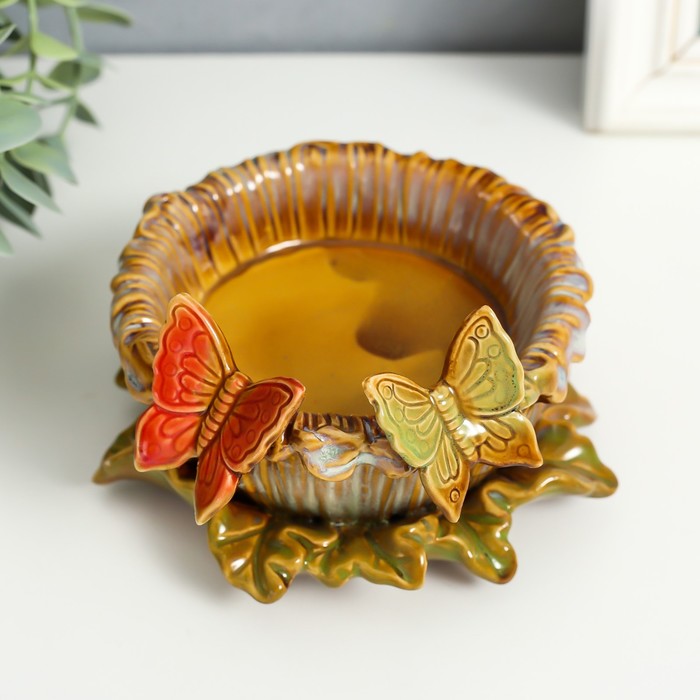 Подсвечник на 1 свечу «Бабочки на цветке», d=8 см, керамика, 14×14×8 см