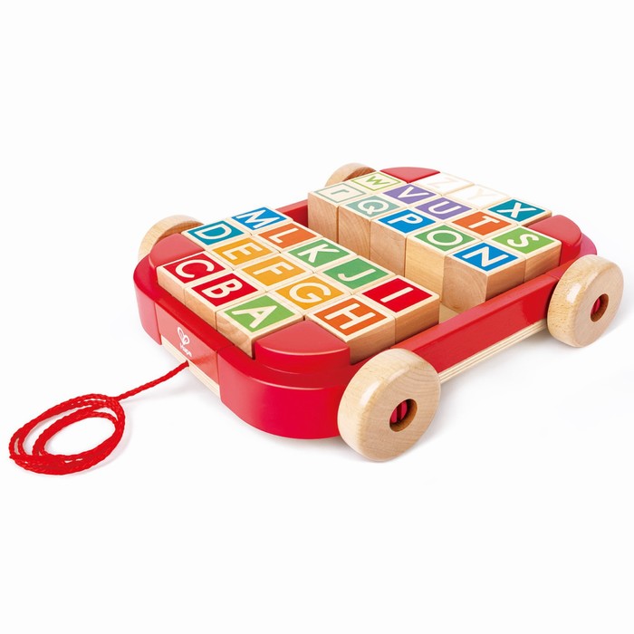 Игрушечная детская деревянная каталка-тележка с кубиками и английским алфавитом (26 кубиков)   93201 - Фото 1