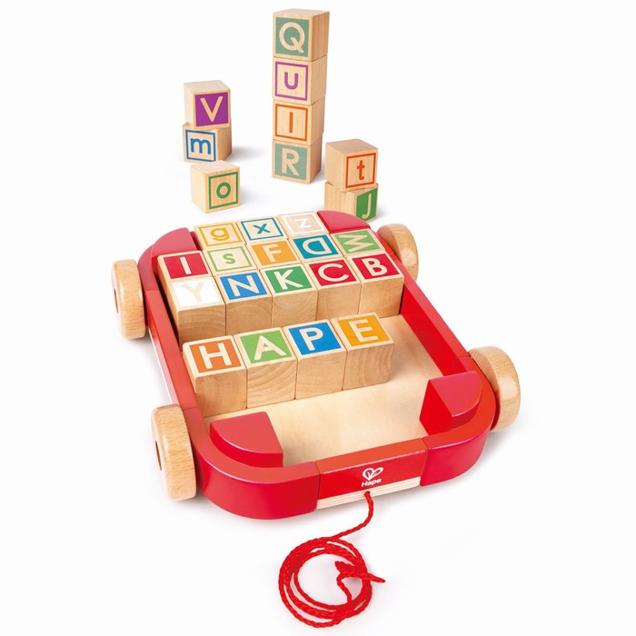 Игрушечная детская деревянная каталка-тележка с кубиками и английским алфавитом (26 кубиков)   93201 - фото 1907608903