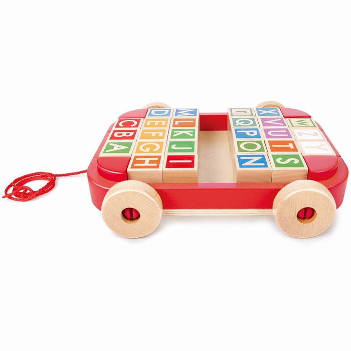 Игрушечная детская деревянная каталка-тележка с кубиками и английским алфавитом (26 кубиков)   93201 - фото 1907608904