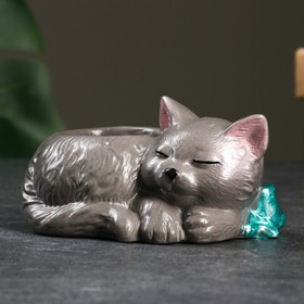 Кашпо - органайзер "Спящая кошка с бантом" серый, 6см
