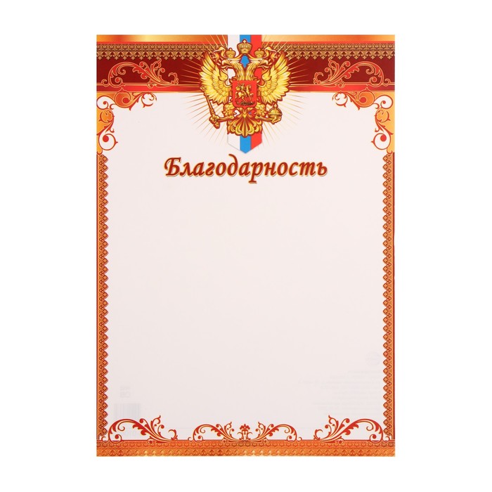 Благодарность "Символика РФ" красная рамка, бумага, А4 - Фото 1