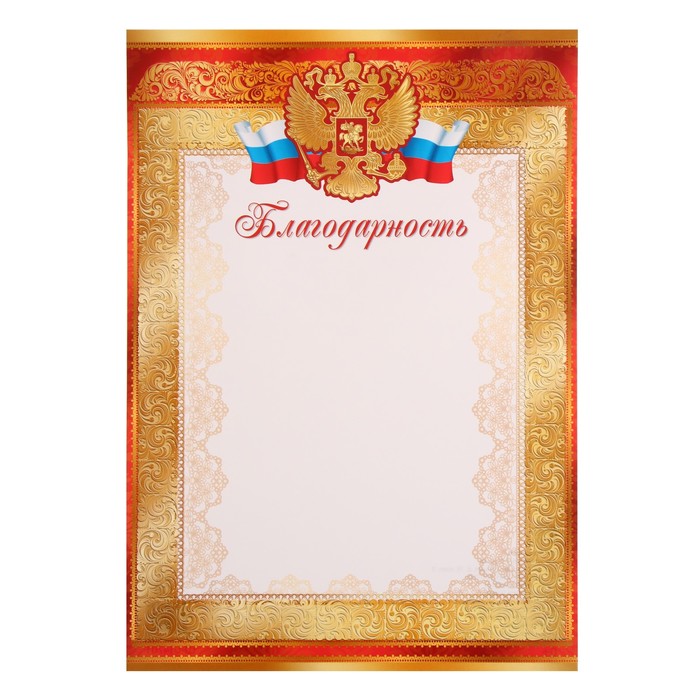 Благодарность "Символика РФ " красная рамка, бумага, А4 - Фото 1