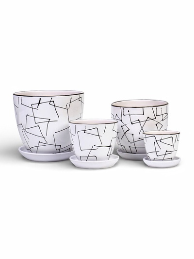 Набор горшков для цветов «Иллюзия», 4 шт., с поддоном, 0.4 / 1 / 2.5 / 5 л, керамика, белые с чёрным орнаментом