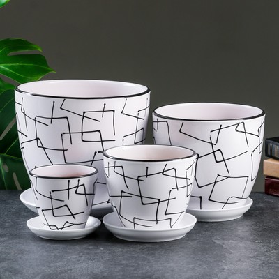Набор горшков для цветов «Иллюзия», 4 шт., с поддоном, 0.4 / 1 / 2.5 / 5 л, керамика, белые с чёрным орнаментом