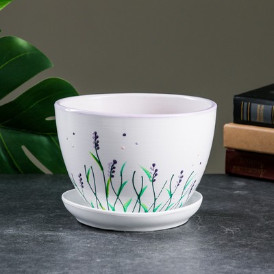 Горшок для цветов «Лаванда», 1.65 л, d=17 см, h=13 см, керамика, с поддоном, белый