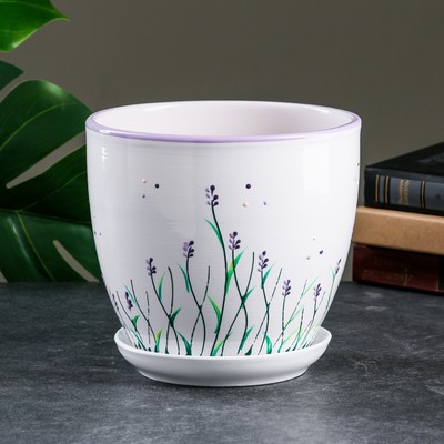 Горшок для цветов «Лаванда», керамический, с поддоном, 2.5 л, белый