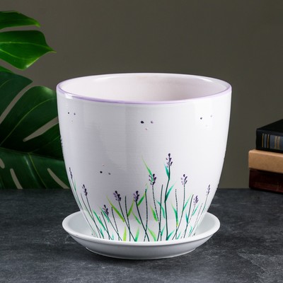 Горшок для цветов «Лаванда», 5 л, d=23 см, h=21 см, керамика, с поддоном, белый