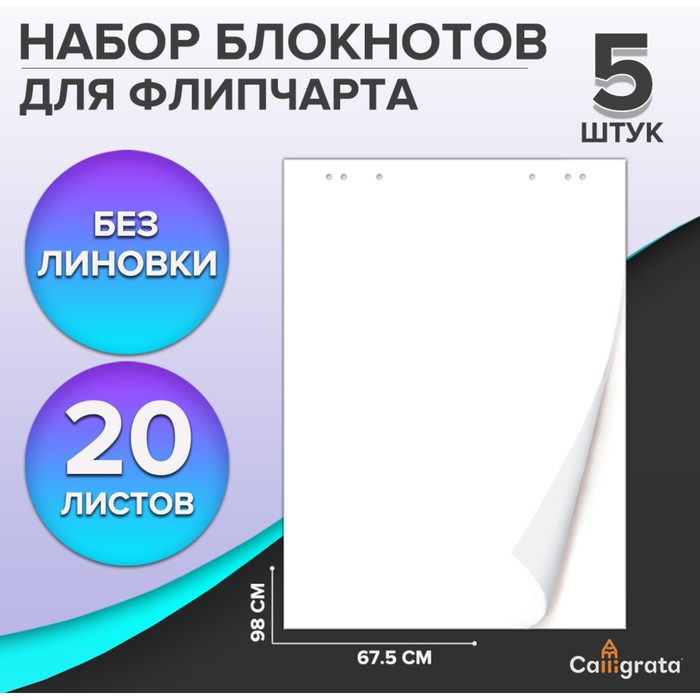 Набор блокнотов 5 штук для флипчарта, 67,5 х 98 см, 20 листов белый, 92%, 80 г/м2, Calligrata - Фото 1