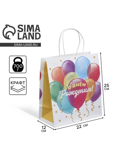 Пакет подарочный крафтовый, упаковка, «День рождения», 22 х 25 х 12 см