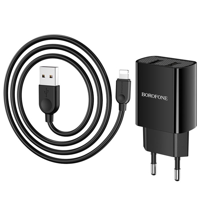 Сетевое зарядное устройство Borofone BA53A, 2xUSB, 2.1 А, кабель Lightning, 1 м, чёрное - фото 51459138