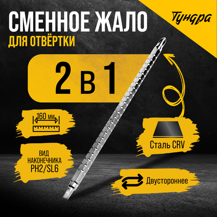 Сменное жало для отвертки ТУНДРА, CrV, двухстороннее, SL6 - PH2, 160 мм - Фото 1