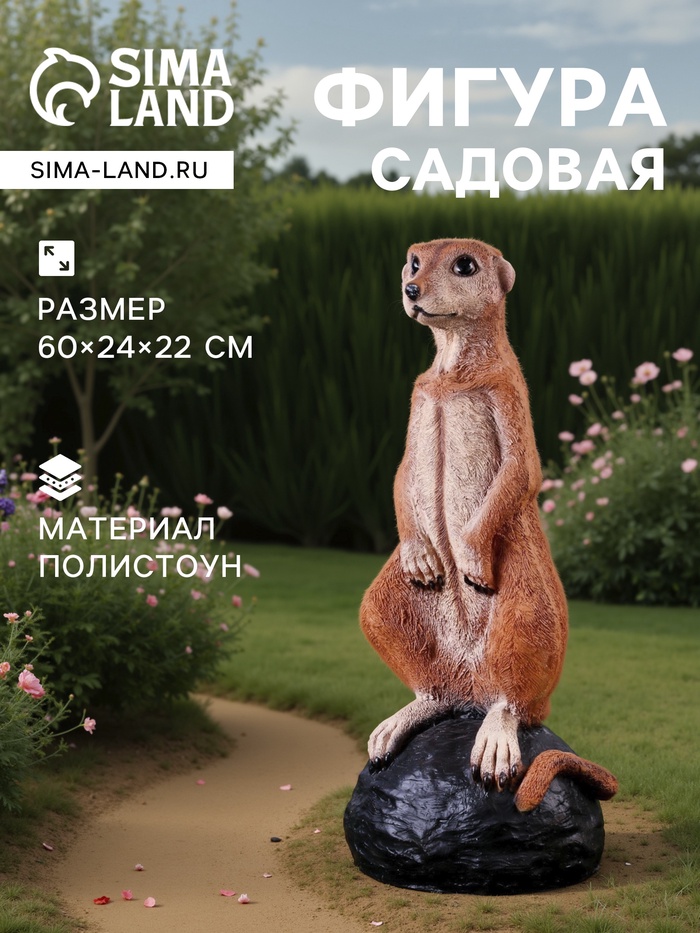 Садовая фигура из полистоуна «Большой сурикат на камне», 60×24×22 см - Фото 1