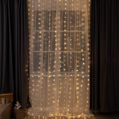 УЦЕНКА Гирлянда «Занавес» 2×3 м роса, IP20, серебристая нить, 450 LED, свечение тёплое белое, 8 режимов, 220 В