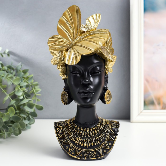 Сувенир полистоун бюст &quot;Африканка - головной убор из бабочек&quot; черный с золотом 13х10х28,5 см   93045