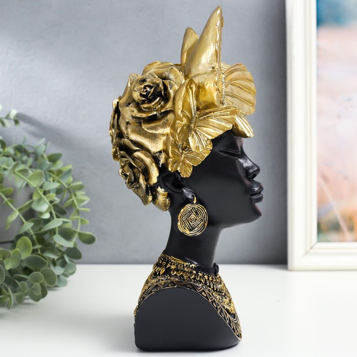 Сувенир полистоун бюст "Африканка - головной убор из бабочек" черный с золотом 13х10х28,5 см   93045 - фото 1900302381
