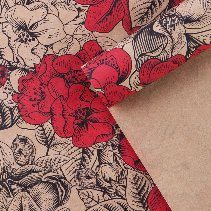 Бумага упаковочная крафт «Цветы на газете», 50 х 70 см - Фото 1