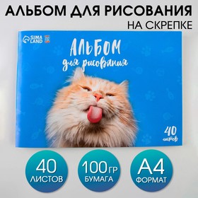 Альбом для рисования на скрепках А4, 40 листов «Котик» (обложка 160 г/м2, бумага 100 г/м2).
