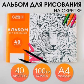 Альбом для рисования на скрепках А4, 40 листов «Гепард» (обложка 160 г/м2, бумага 100 г/м2).